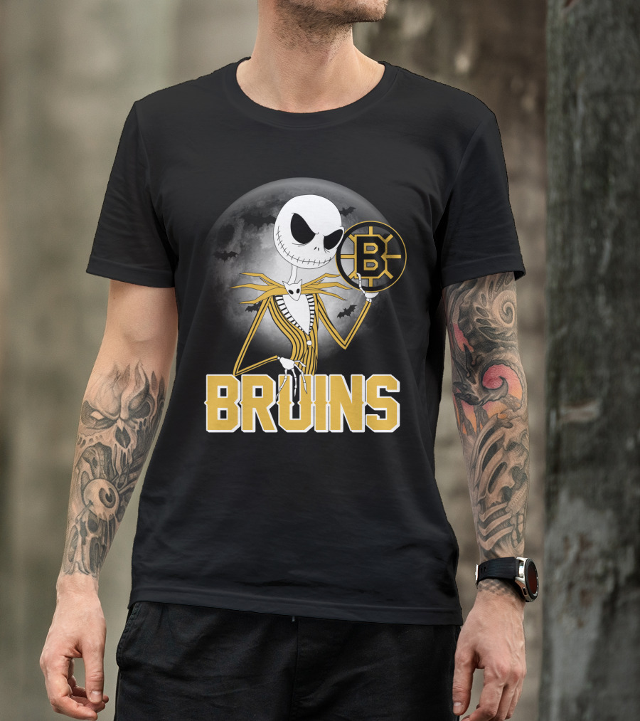Jack Skellington Halloween Boston Bruins Moon And Bats T-Shirt