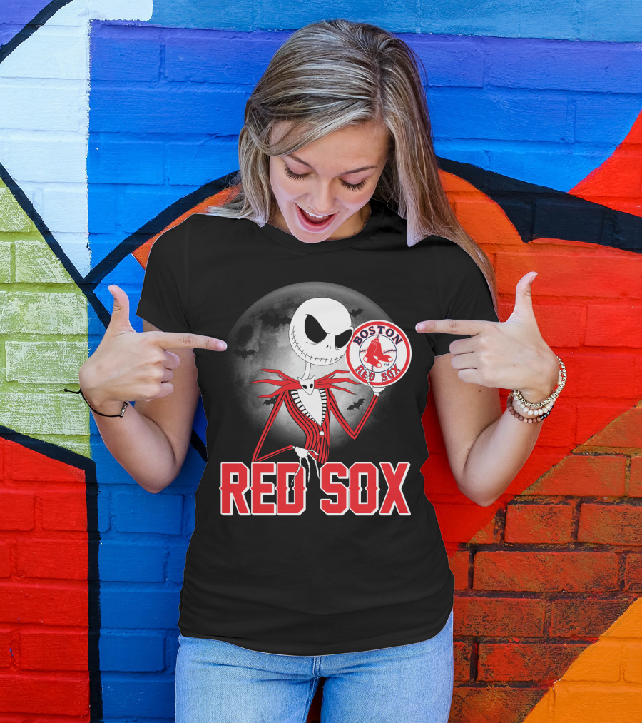 Jack Skellington Holding Boston Red Sox Logo With Halloween Moon Background T-Shirt
