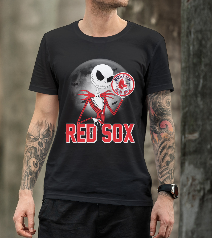 Jack Skellington Holding Boston Red Sox Logo With Halloween Moon Background T-Shirt