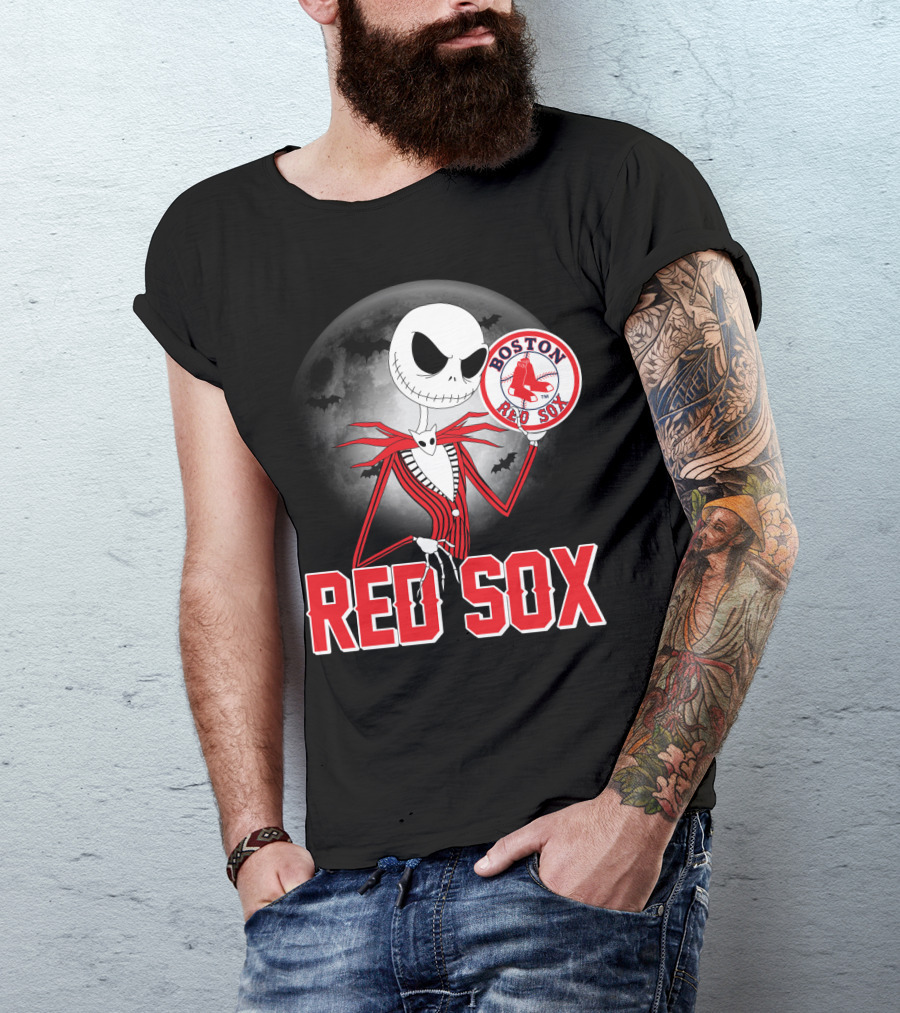 Jack Skellington Holding Boston Red Sox Logo With Halloween Moon Background T-Shirt