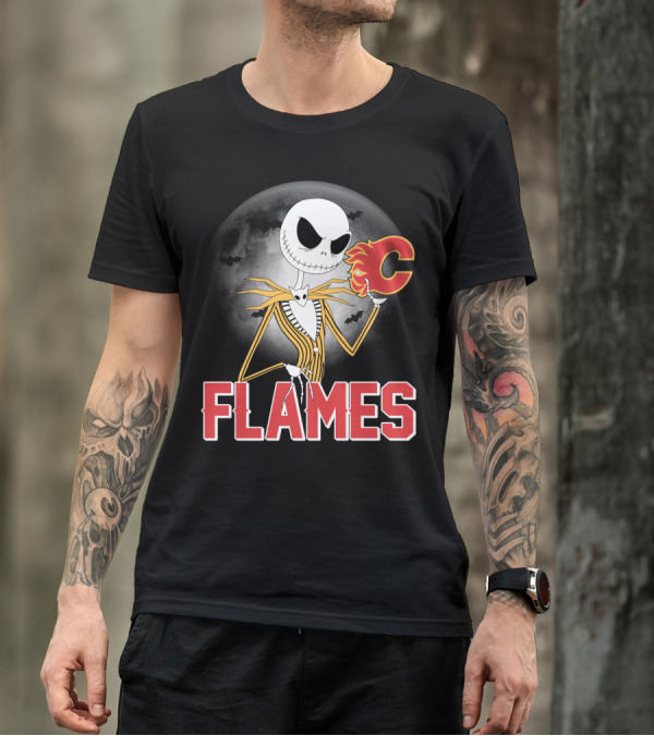Jack Skellington Flames Halloween Calgary Hockey Crossover T-Shirt