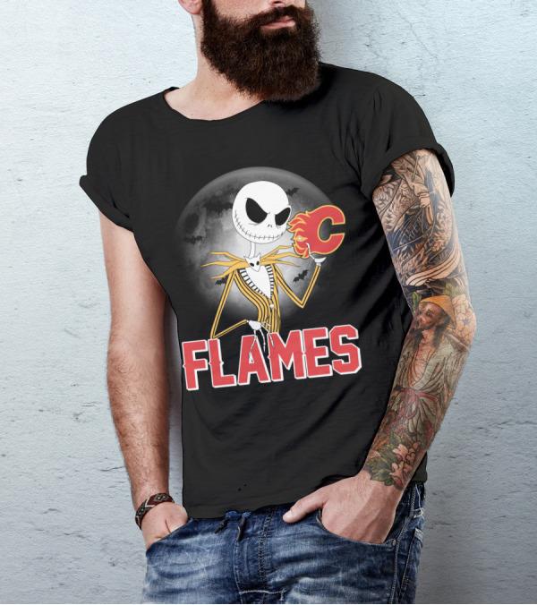 Jack Skellington Flames Halloween Calgary Hockey Crossover T-Shirt