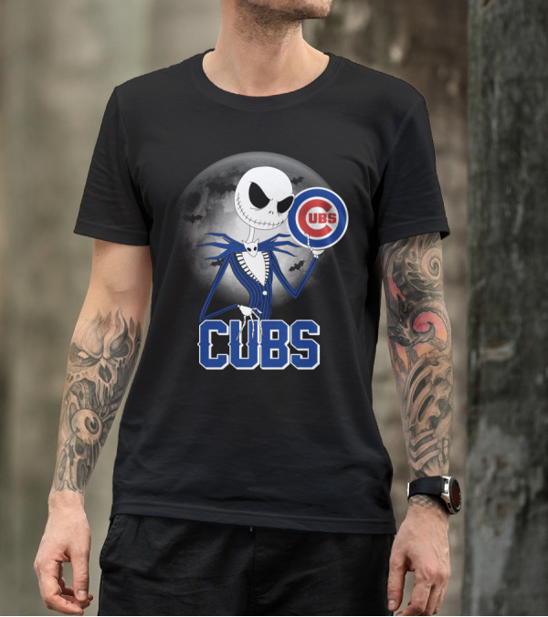 Jack Skellington Halloween Cubs Logo Fans With Full Moon And Bats T-Shirt