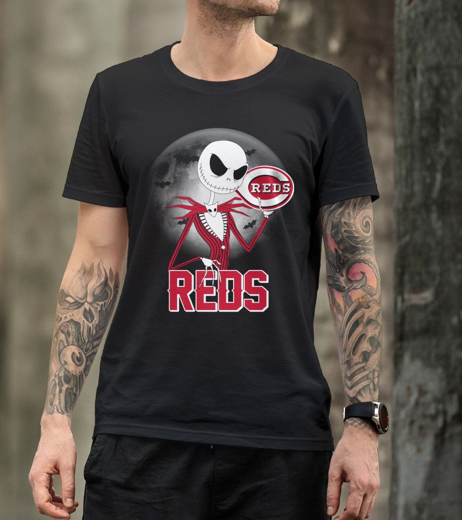 Jack Skellington With Cincinnati Reds Logo Halloween T-Shirt