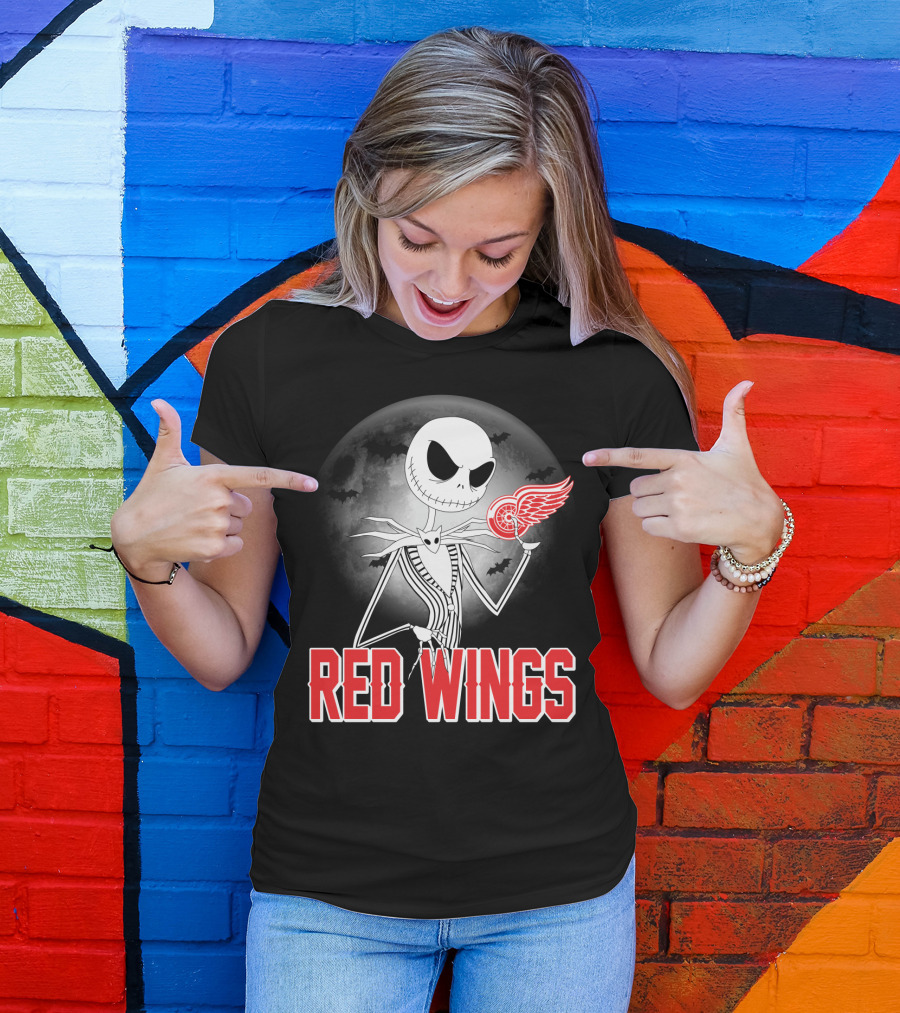 Jack Skellington Holding Detroit Red Wings Symbol In Halloween Moonlit Scene T-Shirt