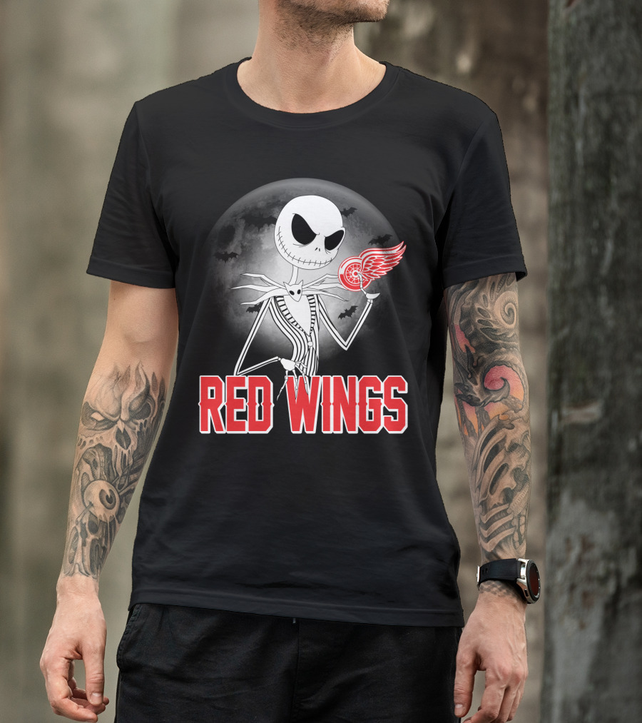 Jack Skellington Holding Detroit Red Wings Symbol In Halloween Moonlit Scene T-Shirt