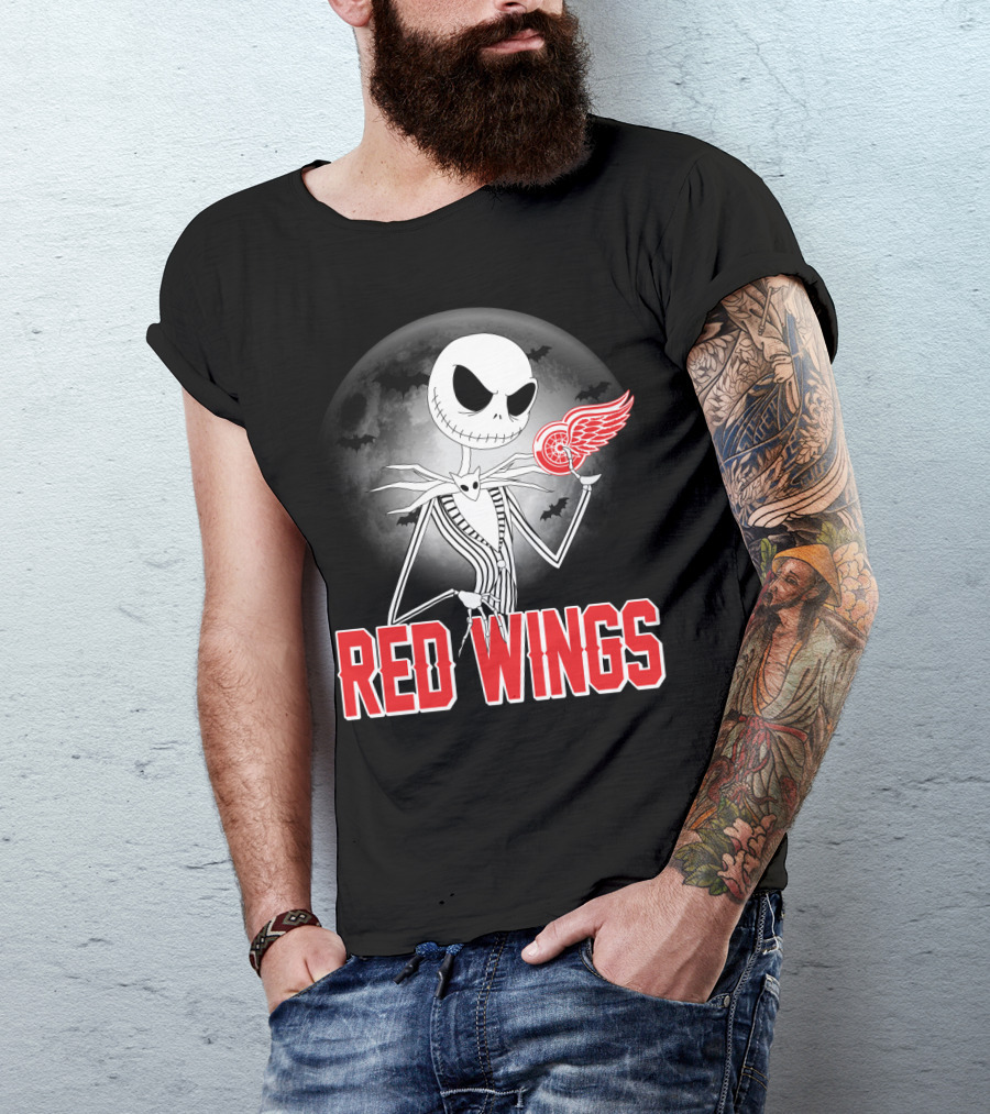 Jack Skellington Holding Detroit Red Wings Symbol In Halloween Moonlit Scene T-Shirt