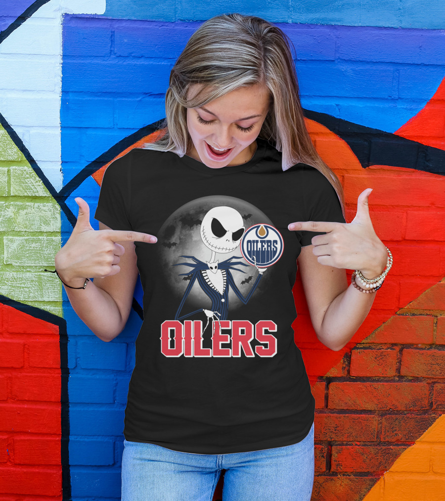 Jack Skellington Edmonton Oilers Halloween Moon Background T-Shirt