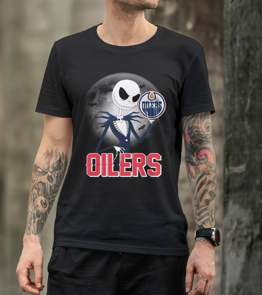 Jack Skellington Edmonton Oilers Halloween Moon Background T-Shirt