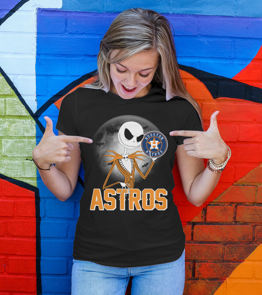 Jack Skellington Holding Houston Astros Logo With Halloween Bats T-Shirt
