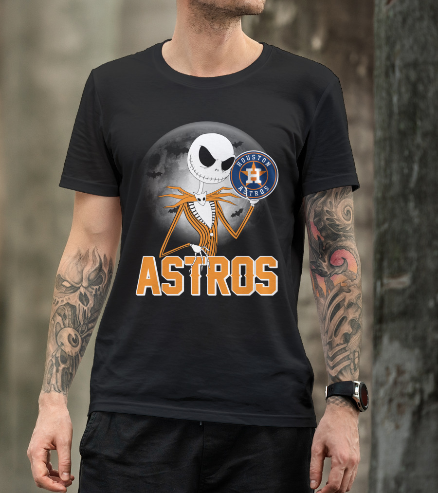 Jack Skellington Holding Houston Astros Logo With Halloween Bats T-Shirt