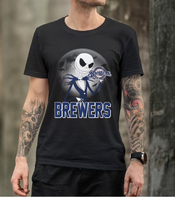 Jack Skellington Halloween Milwaukee Brewers Moon Bats T-Shirt