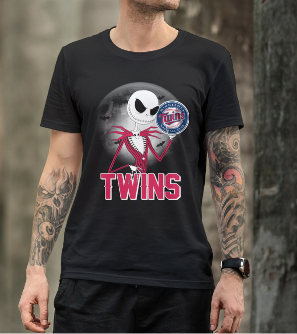 Jack Skellington Halloween Holding Minnesota Twins Baseball Club Logo With Full Moon And Bats In Background T-Shirt