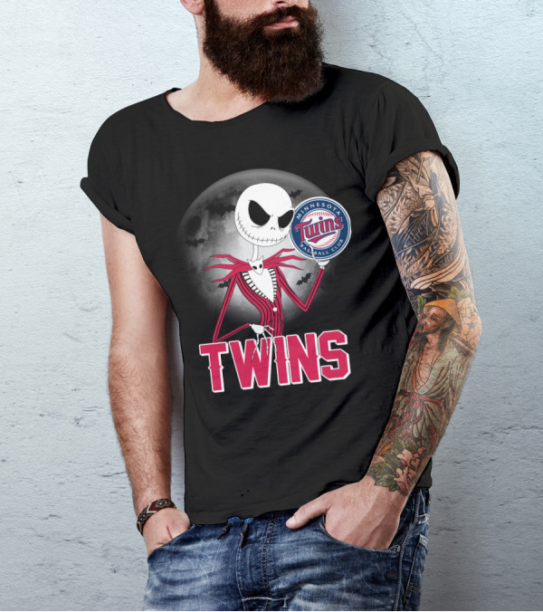 Jack Skellington Halloween Holding Minnesota Twins Baseball Club Logo With Full Moon And Bats In Background T-Shirt