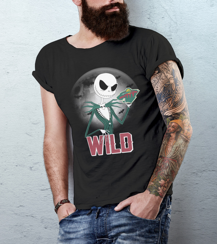Jack Skellington Halloween Moon And Minnesota Wild Logo Spooky T-Shirt