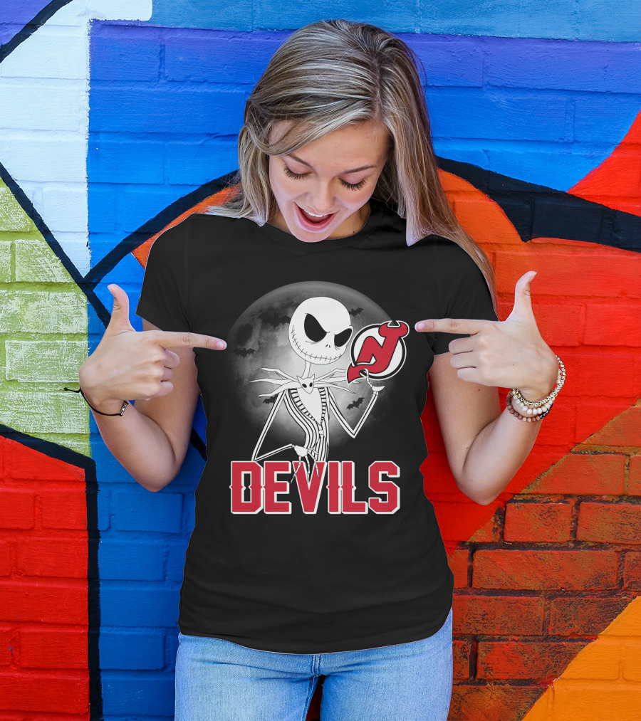 Jack Skellington Halloween Meets New Jersey Devils Moonlit Night T-Shirt