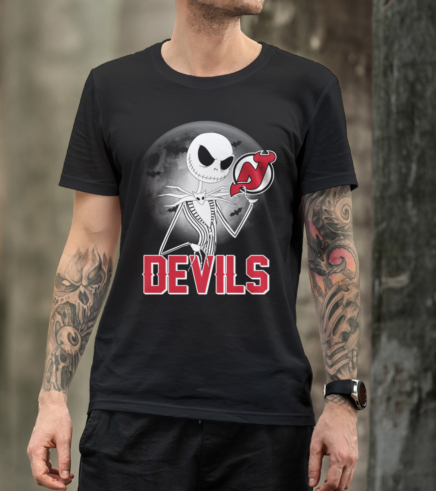 Jack Skellington Halloween Meets New Jersey Devils Moonlit Night T-Shirt