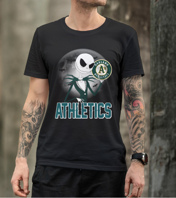 Jack Skellington Holding Oakland Athletics Logo With Halloween Moon And Bats T-Shirt