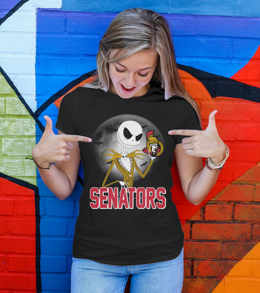 Jack Skellington Ottawa Senators Halloween Crossover With Moon And Bats Background T-Shirt