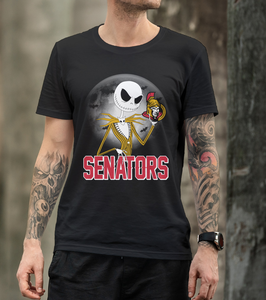 Jack Skellington Ottawa Senators Halloween Crossover With Moon And Bats Background T-Shirt