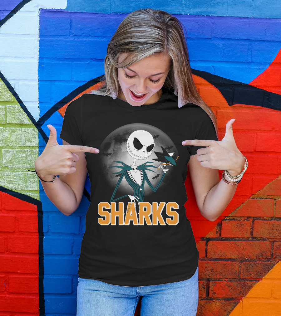 Jack Skellington San Jose Sharks Halloween Moon Background T-Shirt