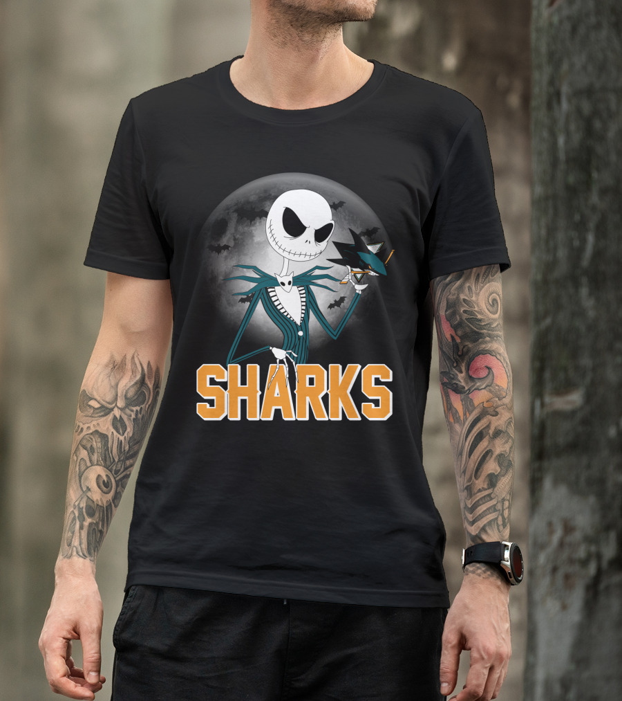 Jack Skellington San Jose Sharks Halloween Moon Background T-Shirt