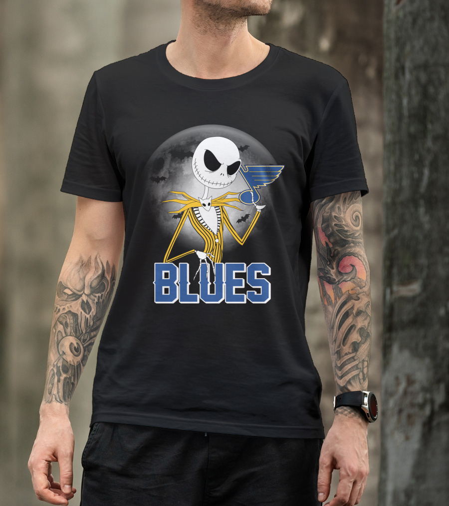 Jack Skellington Holding St. Louis Blues Logo With Halloween Moon Background T-Shirt