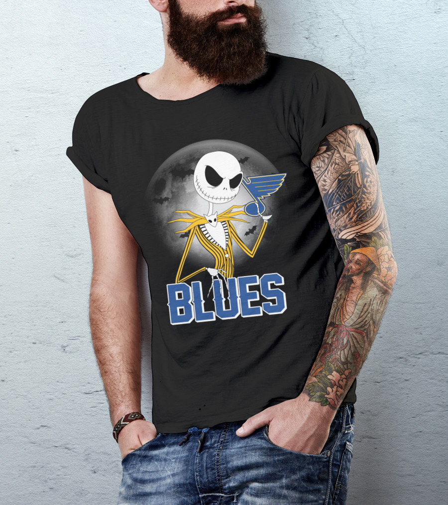 Jack Skellington Holding St. Louis Blues Logo With Halloween Moon Background T-Shirt