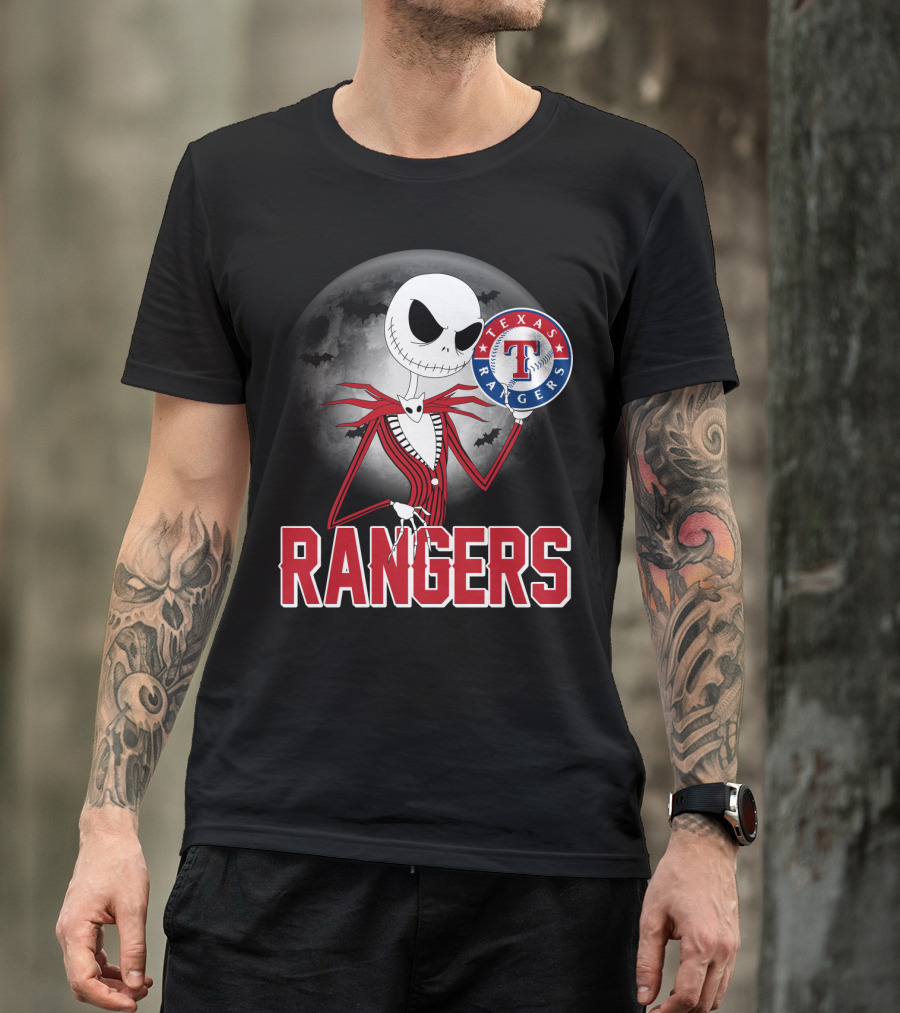 Jack Skellington Halloween Texas Rangers Baseball Moon T-Shirt