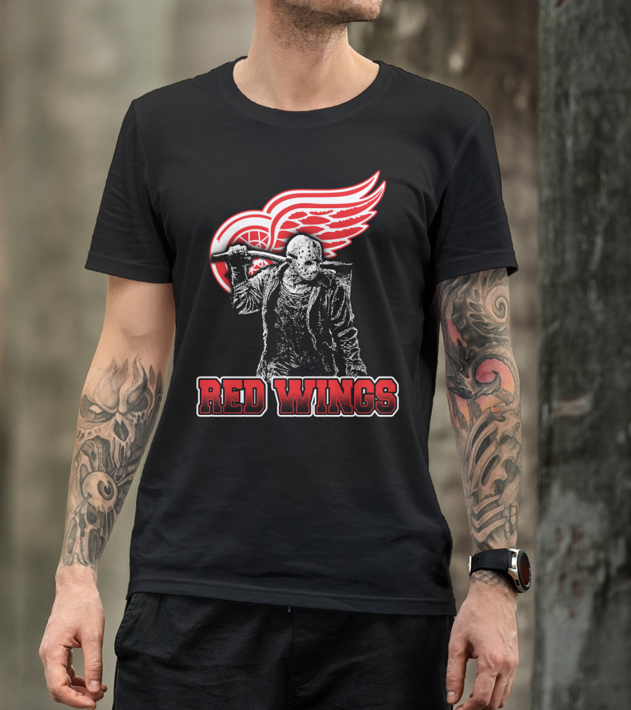 Jason Voorhees With Hockey Mask And Machete In Front Of Detroit Red Wings Logo Text Red Wings T-Shirt