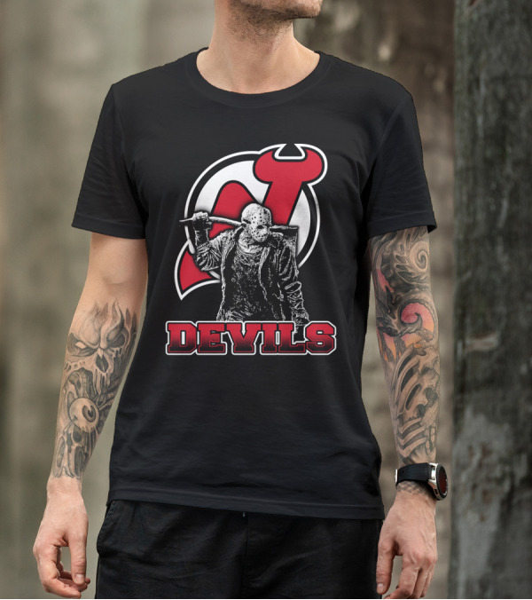 Voorhees New Jersey Devils Fan Mashup With Iconic Mask And Hockey T-Shirt