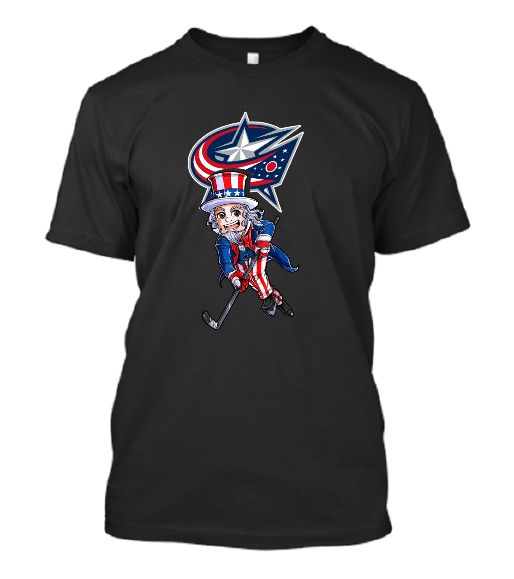 Uncle Sam Playing Hockey With Columbus Blue Jackets Logo For 4th Of July T-Shirt