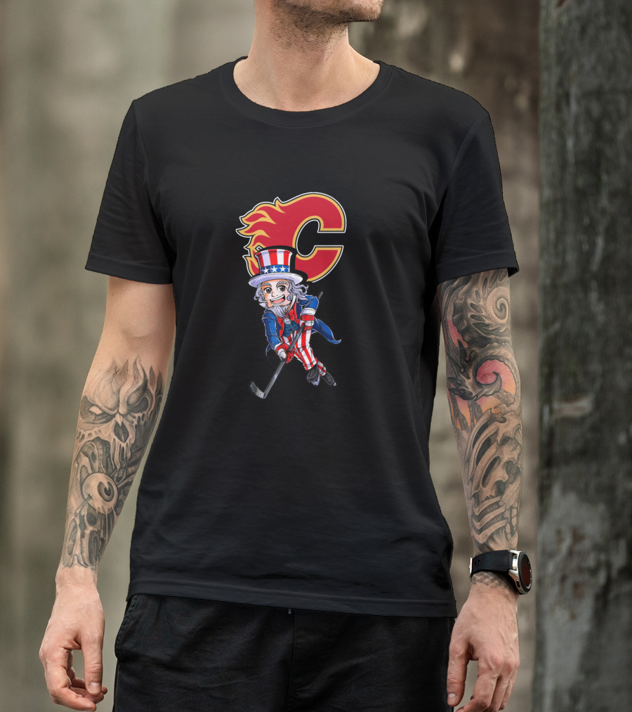 Uncle Sam Playing Hockey With Calgary Flames Emblem For 4Th Of July Celebration T-Shirt