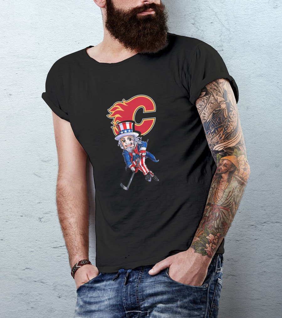 Uncle Sam Playing Hockey With Calgary Flames Emblem For 4Th Of July Celebration T-Shirt