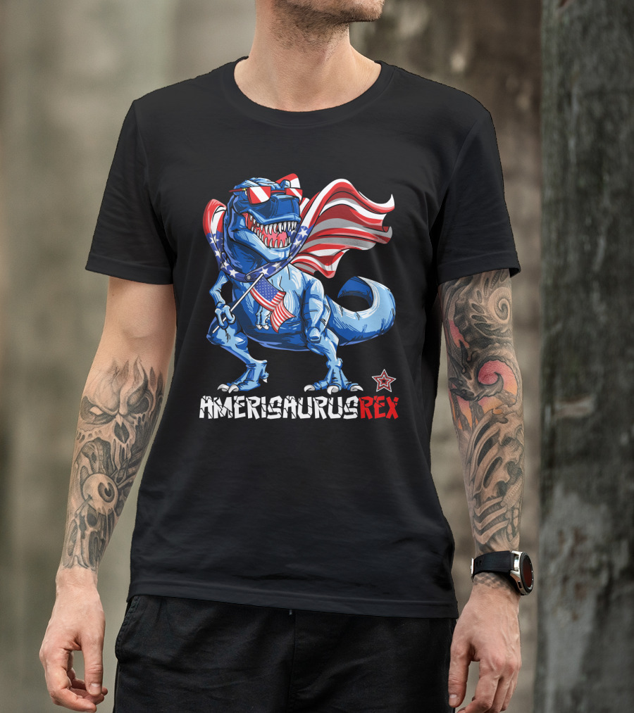 Amerisaurus Rex Dinosaur With Usa Flag And Star Sunglasses For Patriotic 4Th Of July T-Shirt