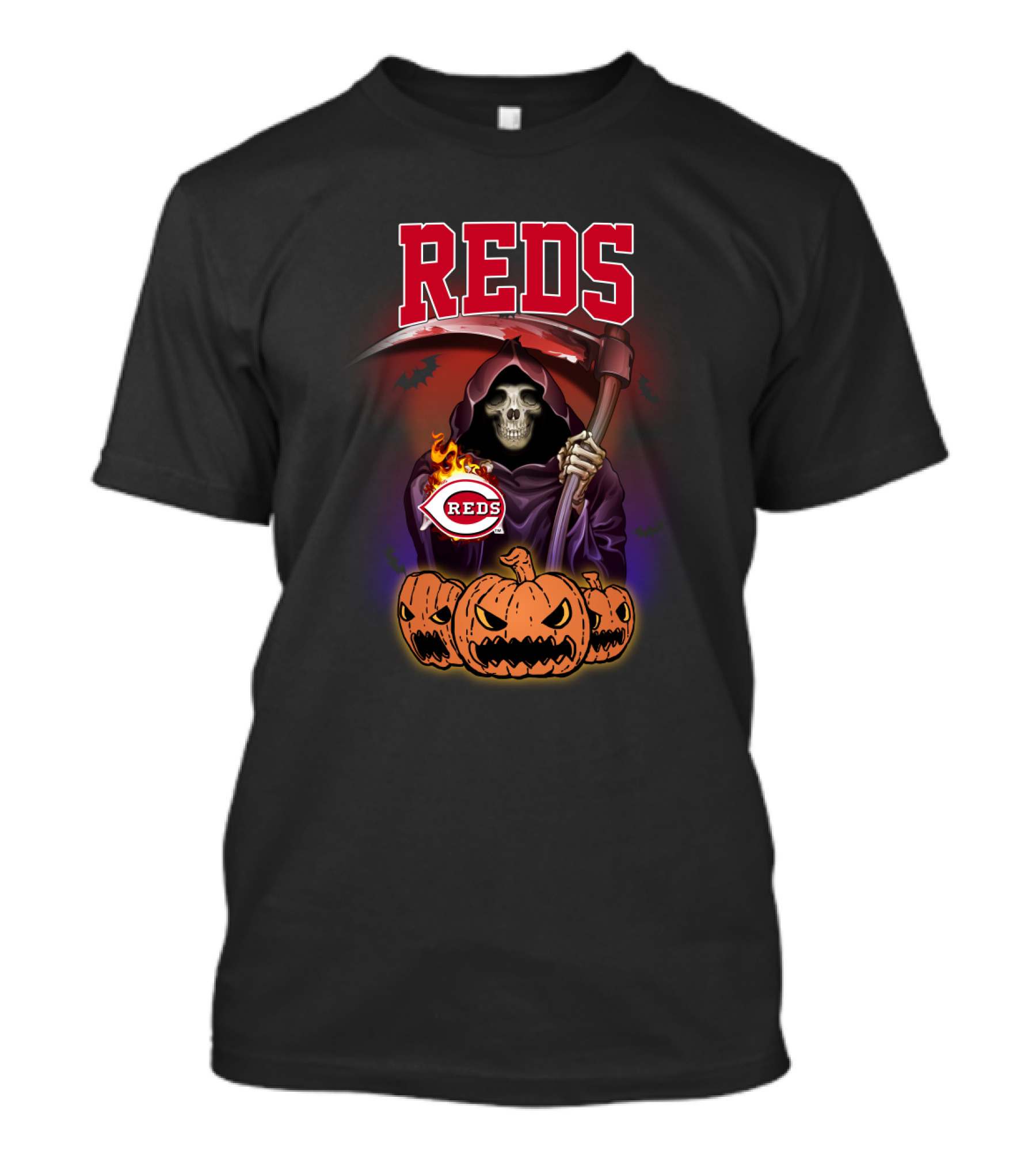 Cincinnati Reds Reaper With Scythe And Pumpkins Halloween T-Shirt