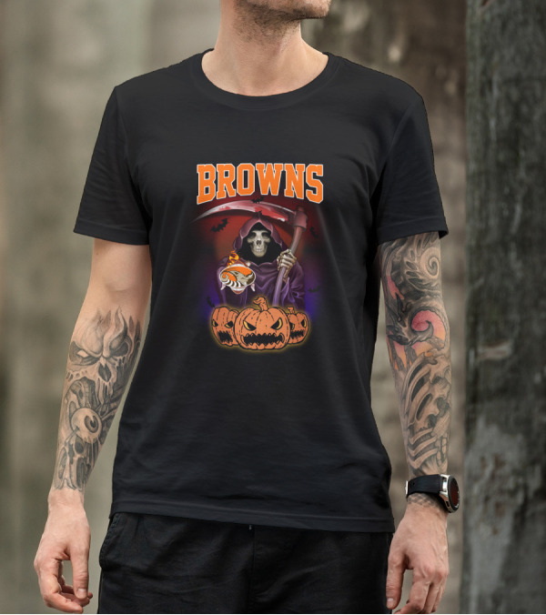 Cleveland Browns Reaper With Scythe And Pumpkins T-Shirt