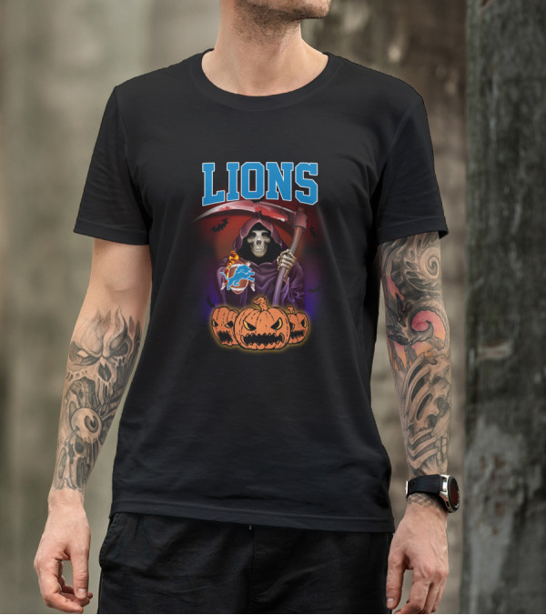 Detroit Lions Reaper Halloween Pumpkins And Scythe T-Shirt