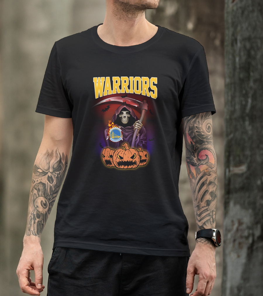 Warriors Grim Reaper Halloween With Golden State Warriors Logo And Pumpkins T-Shirt