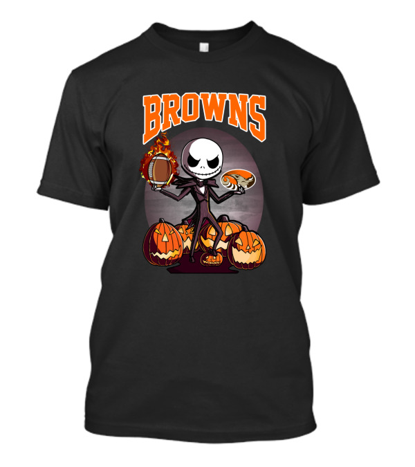 Jack Skellington Halloween Cleveland Browns Pumpkin Fire Football T-Shirt