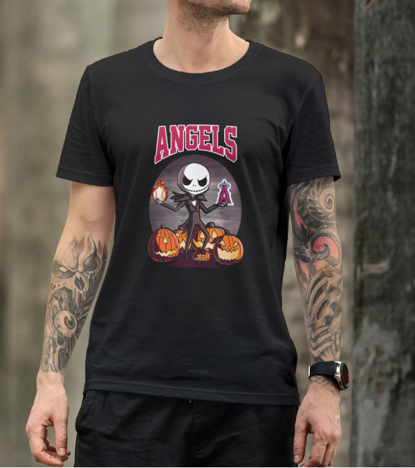 Jack Skellington Halloween Los Angeles Angels Pumpkins With Baseball And Halo T-Shirt