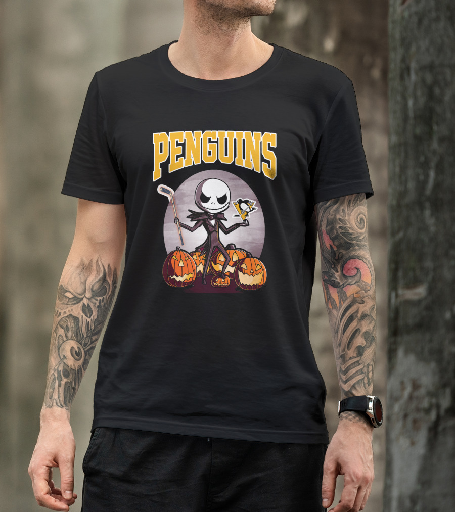 Penguins Jack Skellington Holding Hockey Logo With Pumpkins Halloween T-Shirt