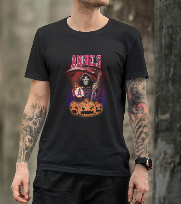Angels Grim Reaper With Scythe And Halloween Pumpkins T-Shirt