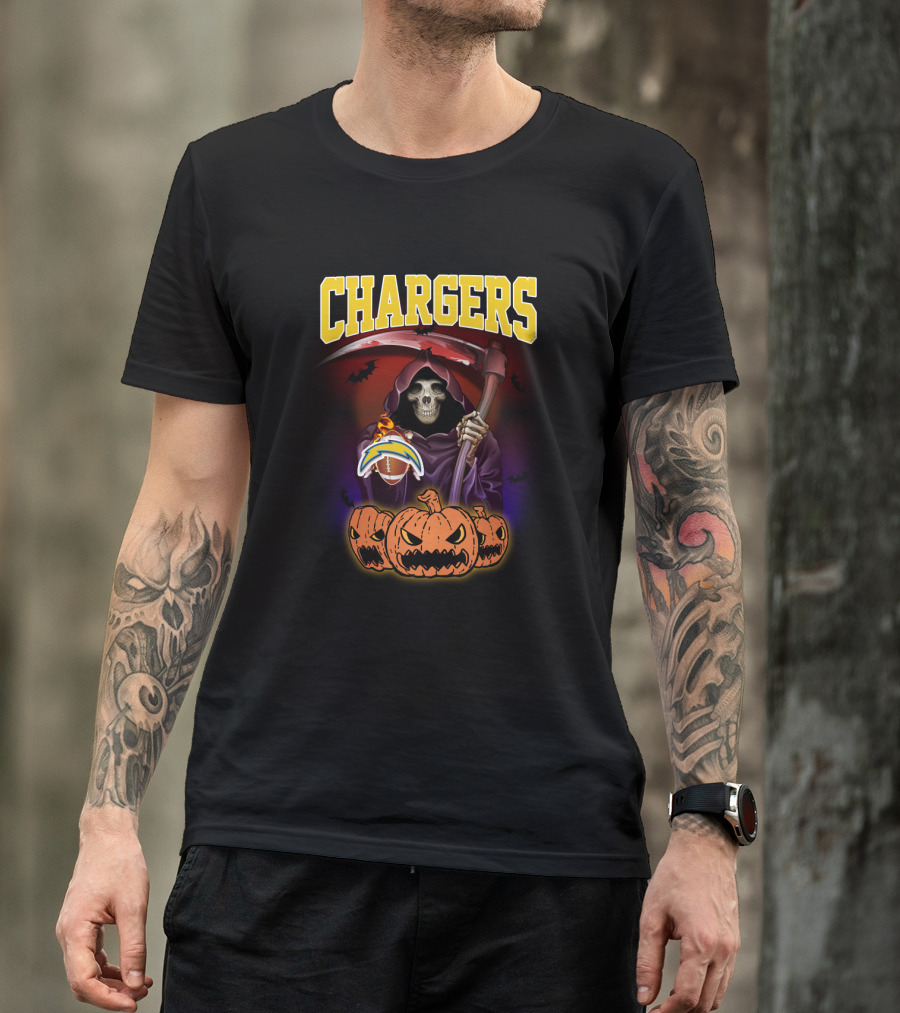 Chargers Grim Reaper With Pumpkins And Football Halloween T-Shirt