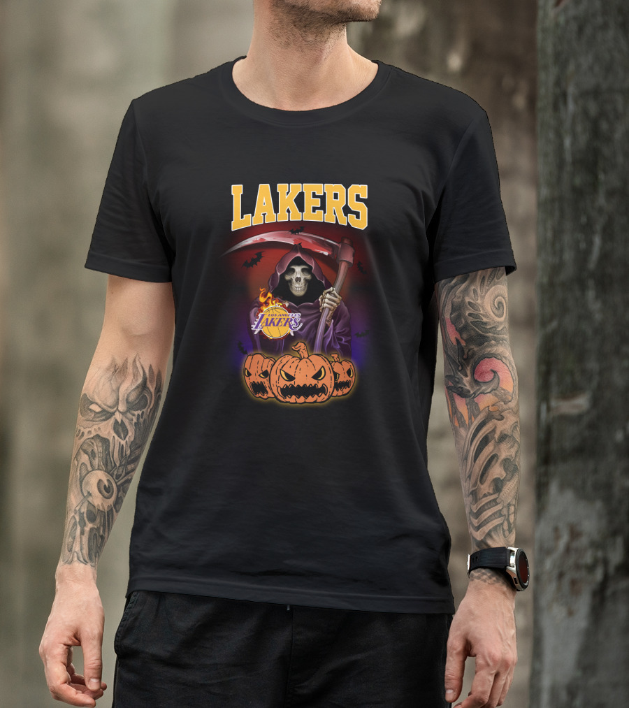 Los Angeles Lakers Reaper Skeleton With Pumpkins Halloween T-Shirt