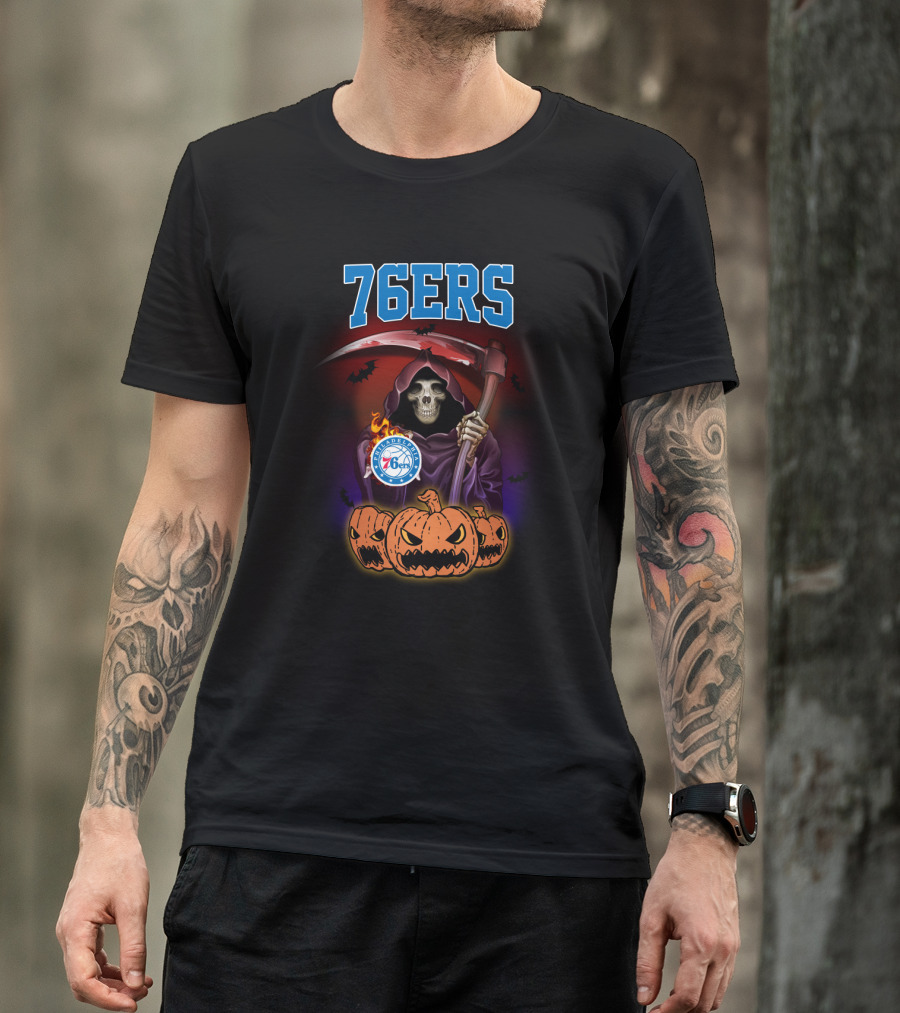 Philadelphia 76ers Reaper Halloween Pumpkins Basketball T-Shirt