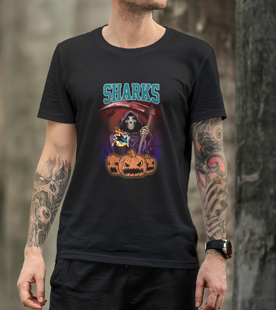 Sharks Reaper With Scythe And Pumpkins San Jose T-Shirt