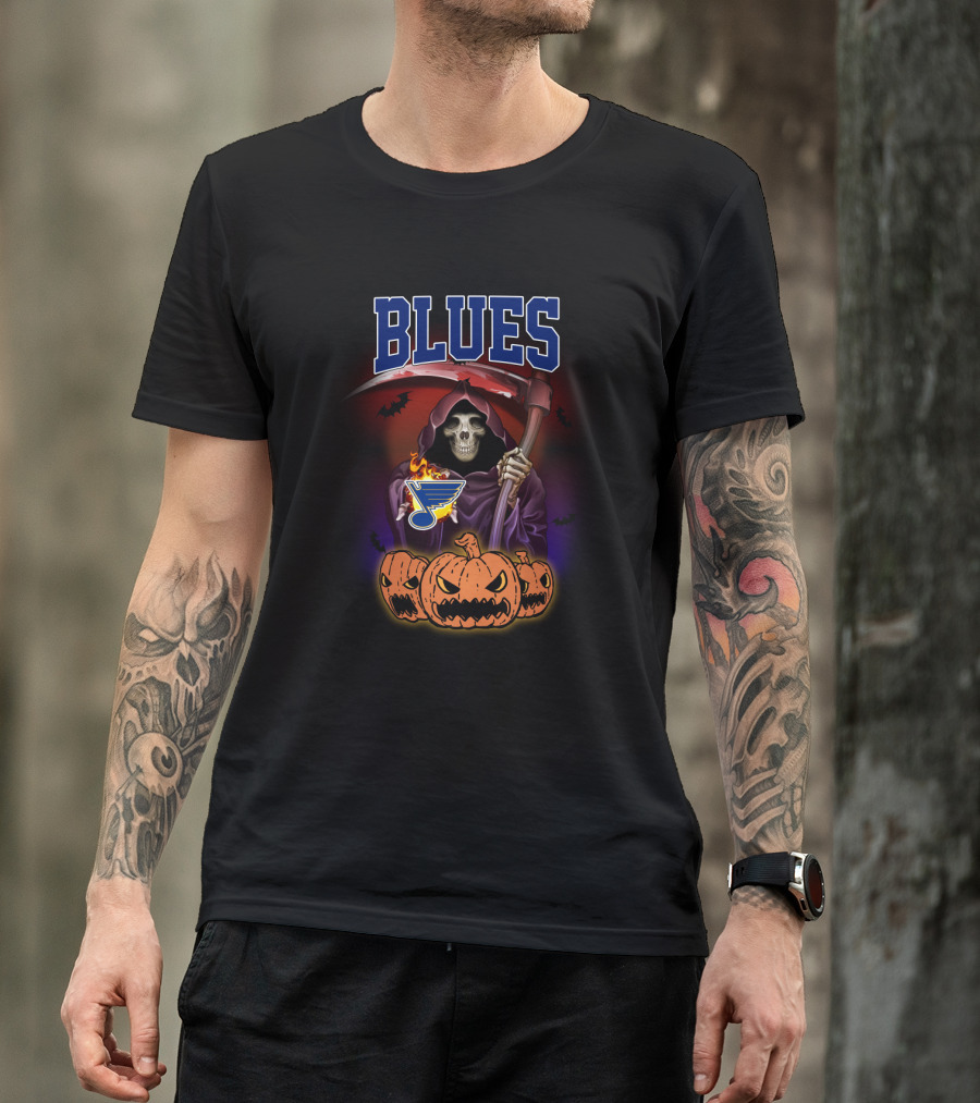 Blues Reaper Grim Reaper Pumpkin Halloween St. Louis T-Shirt