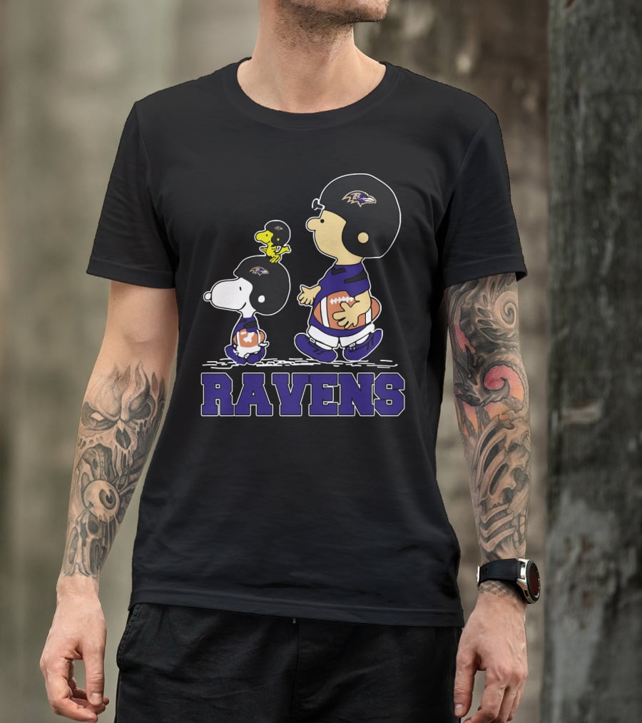 Snoopy And Friends With Baltimore Ravens Football Helmets And Jerseys T-Shirt