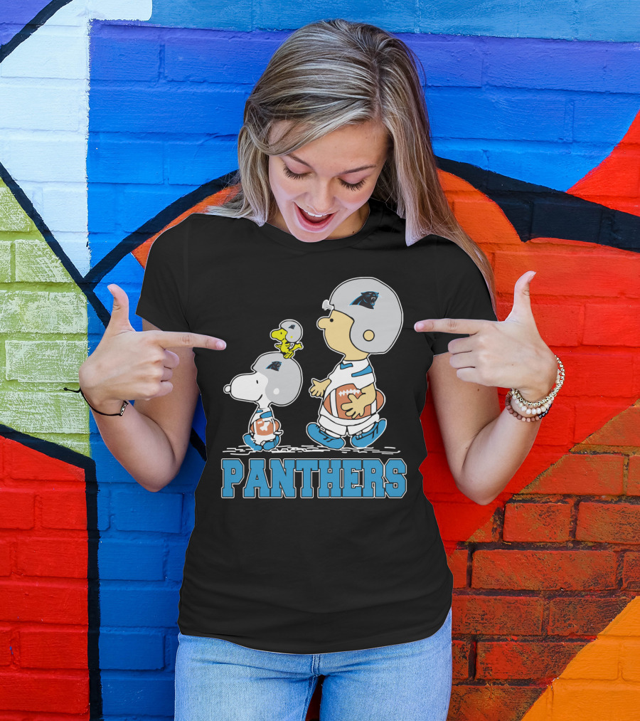 Snoopy And Woodstock With Carolina Panthers Football Helmets T-Shirt